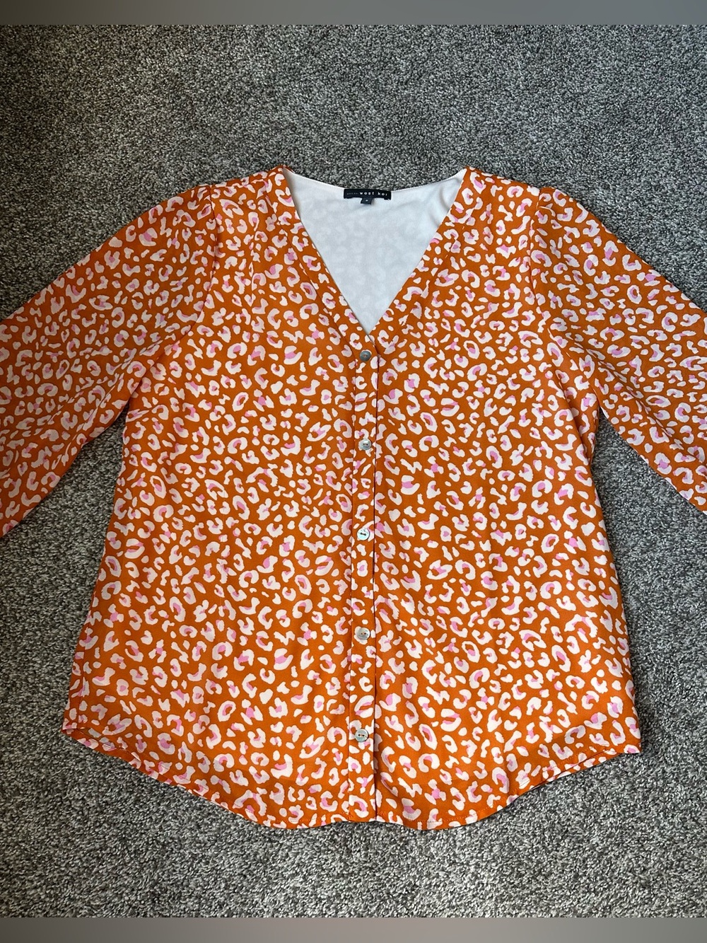 West Kei Orange and White Leopard Print Button-Down Shirt